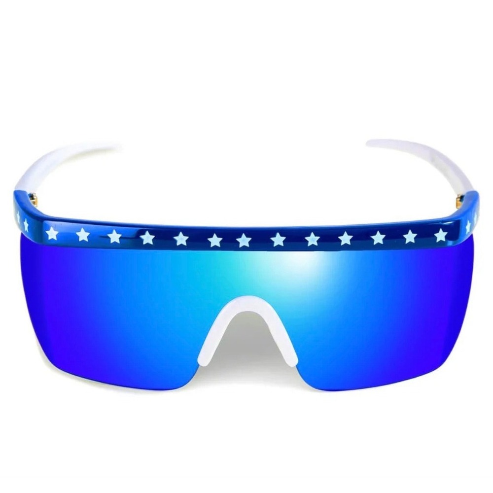 NEW Tipsy Elves Patriotic Star Shield Sunglasses Blue Mirrored Lenses White Arms